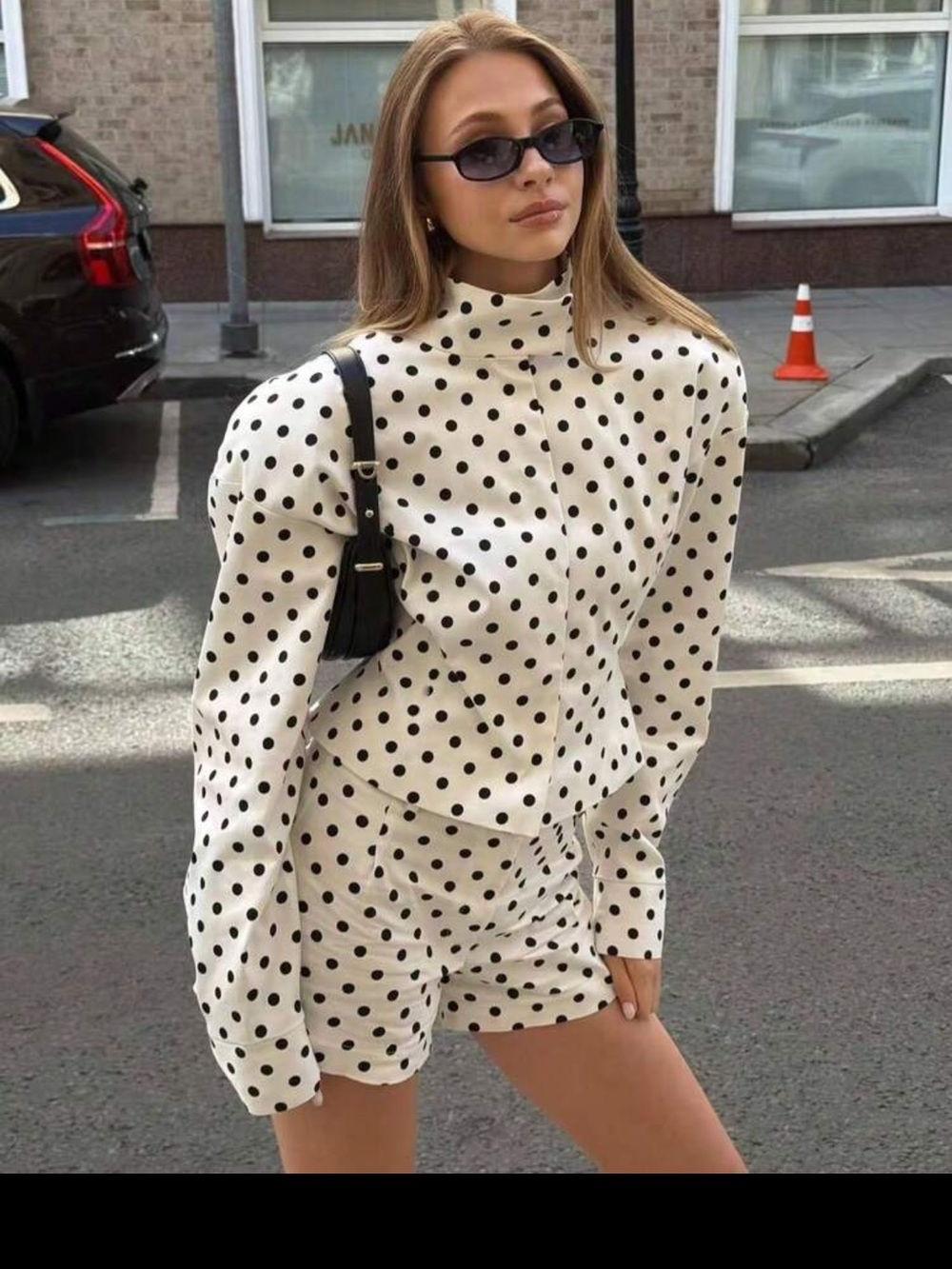 Polka Dot Mock Neck Women’s Top - Cream and Black